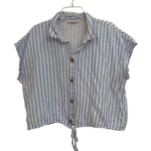 Cottagecore Beachlunchlounge Blue White Striped Cotton Gauze Tie Hem Top L  EUC